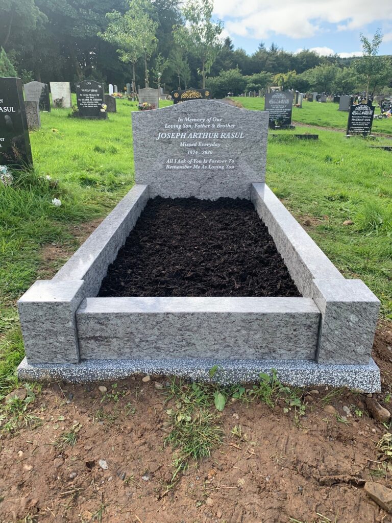 Rasul Headstone In Lavender Blue With Matching Kerbs On A Frame Landing